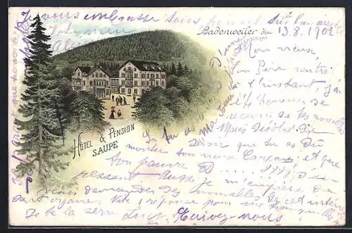 Lithographie Badenweiler, Hotel & Pension Saupe