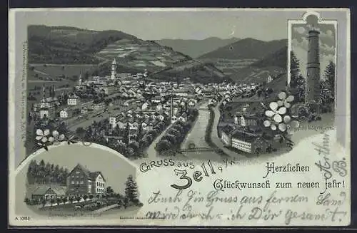 Mondschein-Lithographie Zell i. W., Schweigmatt Kurhaus, Hoher Möhrturm, Totalansicht