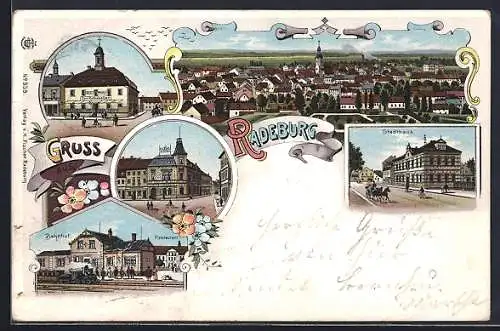 Lithographie Radeburg, Gasthaus zum Rathskeller, Hotel zum Hirsch, Stadthaus, Bahnhof mit Restaurant, Totalansicht