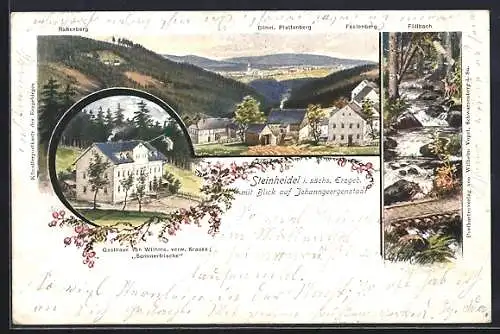 AK Steinheidel /Sa., Ortsansicht mit Bergen, Fällbach, Gasthaus Sommerfrische Krauss