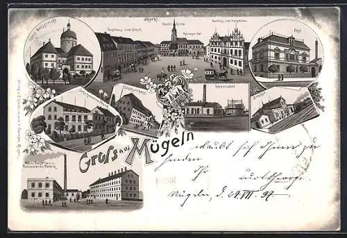 Lithographie Mügeln / Oschatz, Bahnhof, Gasthaus zum Hirsch am Marktplatz, Schuhwaren-Fabrik