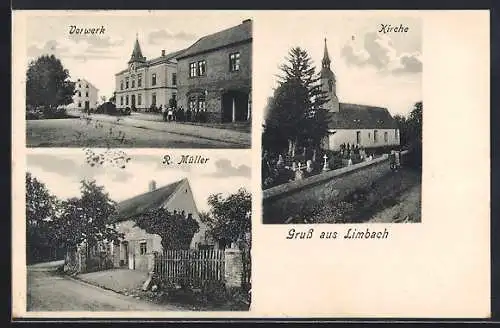 AK Limbach / Leipzig, Geschäftshaus R. Müller, Vorwerk, Kirche