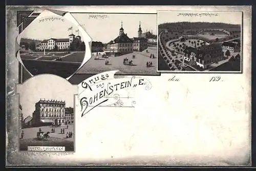 Lithographie Hohenstein / Ernstthal, Hotel 3 Schwanen, Sommerfrische Hüttenmühle, Marktplatz, Ortsansicht