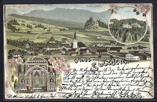 Lithographie Sulzberg, Jodbad, Inneres der Kirche, Totalansicht