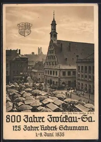 AK Zwickau / Sa., Festpostkarte zur 800 Jahrfeier 1935, Hauptmarkt mit Gewandhaus