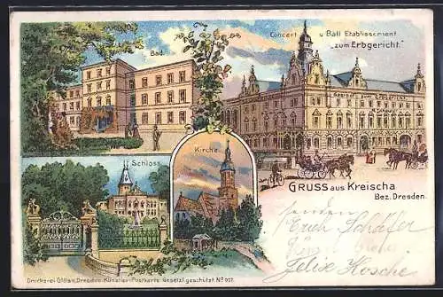 Lithographie Kreischa / Dresden, Konzert- und Balletablissement Zum Erbgericht, Kirche, Bad, Schloss