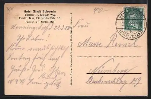 AK Berlin, Hotel Stadt Schwerin, Bes. H. Sitzlach, Eichendorffstrasse 10, Stettiner Bahnhof