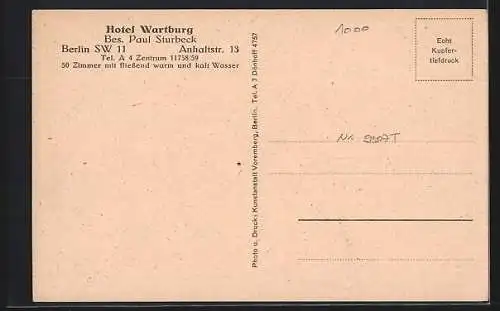 AK Berlin-Kreuzberg, Hotel Wartburg, Frühstückszimmer, Anhaltstrasse 13