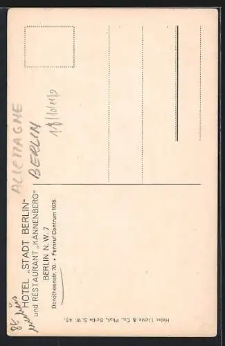 AK Berlin, Hotel Stadt Berlin mit Restaurant Kannenberg, Dorotheenstrasse 70