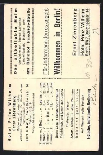 AK Berlin, Hotel Prinz Wilhelm, Inh. Ernst Zierenberg, Dorotheenstrasse 14