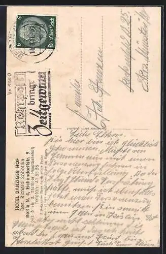 AK Berlin, Hotel Danziger Hof, Bes. Richard Sobottka, Eichendorffstrasse 9