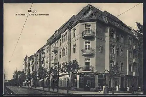 AK Berlin-Steglitz, Schützenstrasse Ecke Lindenstrasse mit Fein-Bäckerei