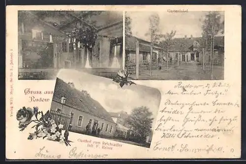 AK Rudow, Gasthof zum Reichsadler, Inh. F. Reime, Gartenlokal und Saalansicht