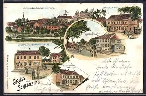 Lithographie Schlanstedt, Breitestrasse mit Kriegerdenkmal & Gasthaus zum weissen Ross, Gasthaus zur Bergschenke