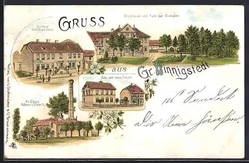 Lithographie Gross Winnigstedt, Gasthof Otto Mahlfeldt, Alte und neue Schule, Ebers'Rübensaft-Fabrik