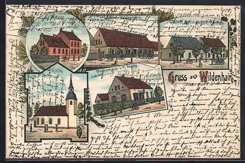 Lithographie Wildenhain / Mockrehna, Gasthof zum Deutschen Reich, Warenhaus H. Starke, Schule und Kirche