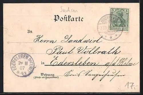 Lithographie Wildenhain / Mockrehna, Gasthof zum Deutschen Reich, Warenhaus H. Starke, Schule und Kirche