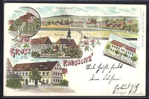 Lithographie Rausslitz, Gasthof, Post, Kirche und Totalansicht