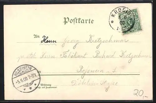 Lithographie Rausslitz, Gasthof, Post, Kirche und Totalansicht