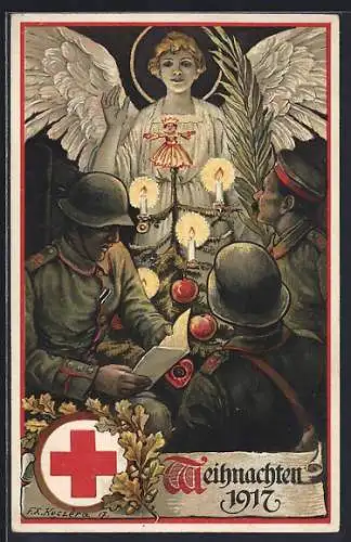 Künstler-AK Nürnberg, Engel segnet die Soldaten am Weihnachtsbaum, Weihnachten 1917, Rotes Kreuz