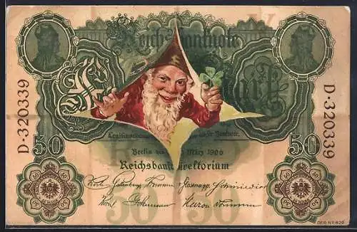 AK Zwerg schaut durch eine Reichsbanknote von Fünfzig Mark