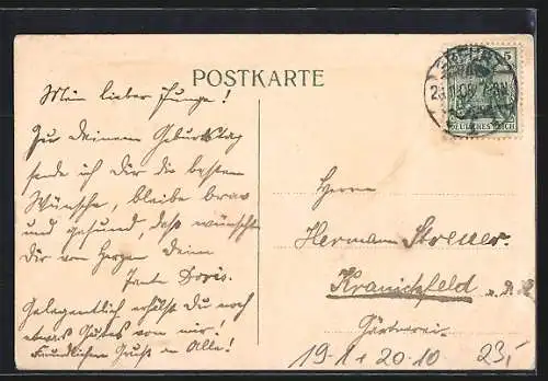 AK Zwerg schaut durch eine Reichsbanknote von Fünfzig Mark