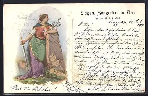 AK Bern, Eidgen. Sängerfest 1899, die Helvetia mit Schwert