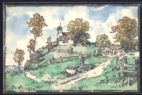 Künstler-AK Handgemalt sign. Carl O. Arends: Kirche und Haus auf einer Anhöhe in der Frühlingssonne