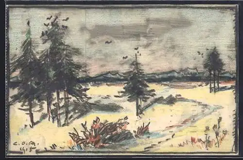 Künstler-AK Handgemalt sign. Carl O. Arends: Vereinzelte Fichten in weiter Landschaft, in der Ferne die Berge