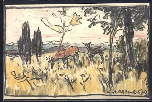 Künstler-AK Handgemalt sign. Carl O. Arends: Äsendes Rotwild am Waldrand