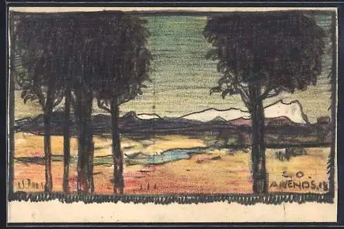 Künstler-AK Handgemalt sign. Carl O. Arends: Blick von einer Baumgruppe auf das abendliche Gebirge