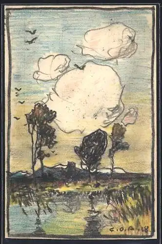 Künstler-AK Handgemalt sign. Carl O. Arends: Landschaft in herbstlichen Farben unter hochfliegenden Wolken