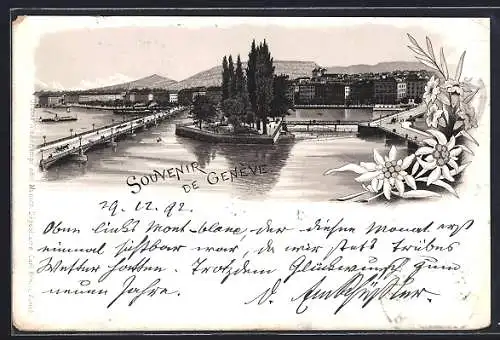 Vorläufer-Lithographie Geneve, 1892, Ansicht der Ile Rousseau und des Pont du Mont Blanc von Norden her