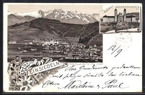 Vorläufer-Lithographie Einsiedeln, 1895, Kloster, Panoramablick auf Ort und Gebirge