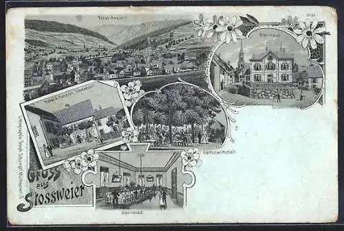 Mondschein-Lithographie Stossweier, Hotel und Pension Schwander, Pfarrhaus und Totalansicht