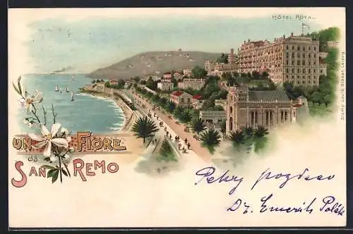 Lithographie San Remo, Hotel Royal mit Küstenpanorama, Segelboote