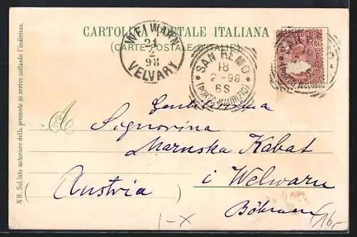 Lithographie San Remo, Hotel Royal mit Küstenpanorama, Segelboote