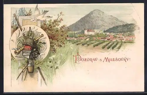 Lithographie Milleschau, Ortschaft gegen Berg