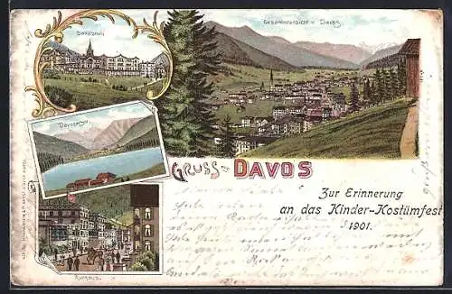 Lithographie Davos, Kinder-Kostümfest 1901, Sanatorium, Kurhaus, Davosersee und Totalansicht