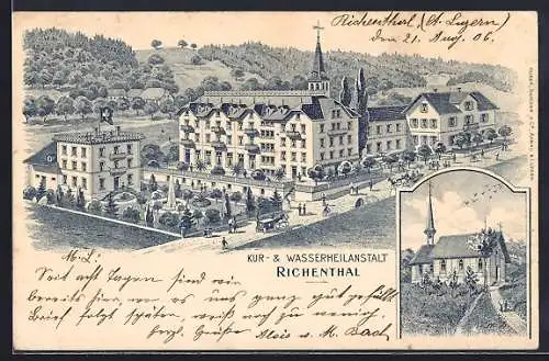 Lithographie Richenthal, Kneippkuranstalt und Kapelle