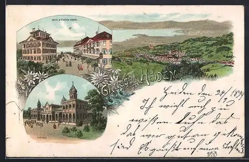Lithographie Heiden, Hotel und Pension Krone, Kurhaus und Totalansicht