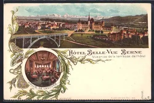 Lithographie Berne, Hotel Belle-Vue, Salle de lecture, Vue prise de la terrasse de l`hotel