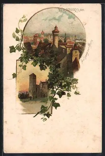 Lithographie Nürnberg, Aufgang zur Burg, Ortspartie