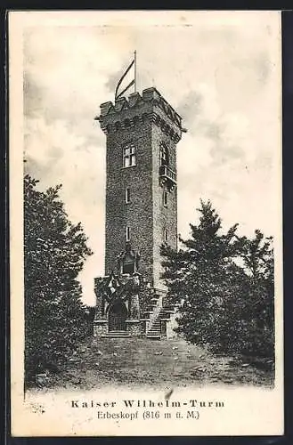 AK Erbeskopf, Kaiser Wilhelm-Turm mit Fahne