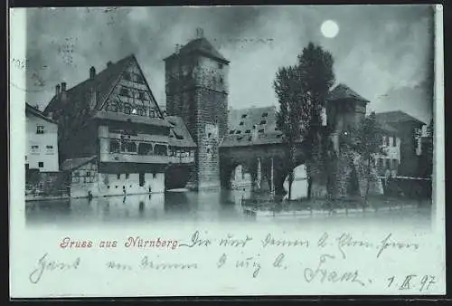 Mondschein-AK Nürnberg, Teilansicht mit Flusspartie