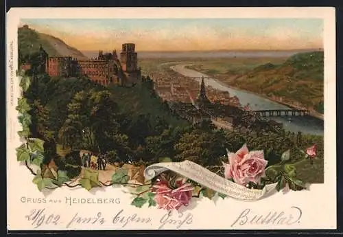 Lithographie Heidelberg, Teilansicht mit Burg