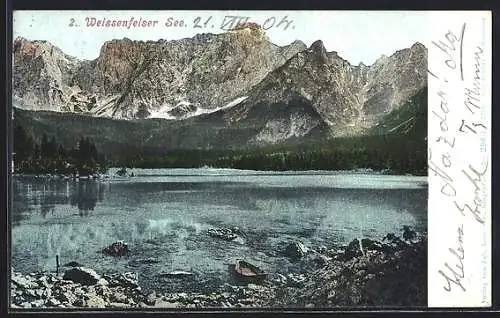 AK Tarvis, Weissenfelser See, Uferpartie mit Bergblick