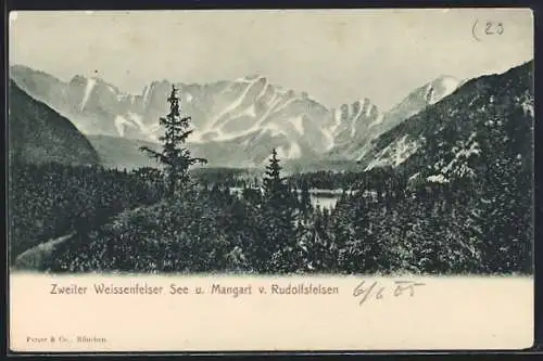 AK Tarvis, Weissenfelser See, Panorama mit Mangart v. Rudolfsfelsen