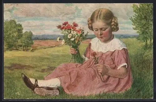 Künstler-AK sign. C. Priem: Junges Mädchen sitzt mit gepflückten Blumen auf der Wiese