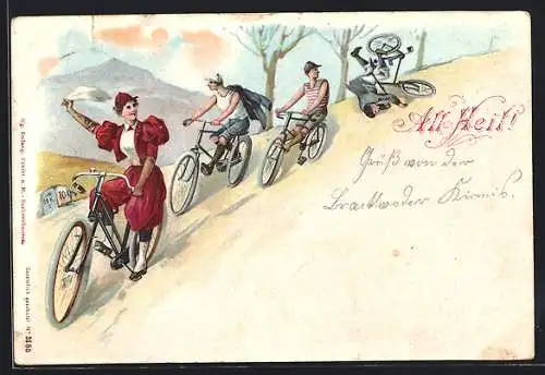 Lithographie Vier Fahrrad-Fahrer beim Ausflug, einer stürzt